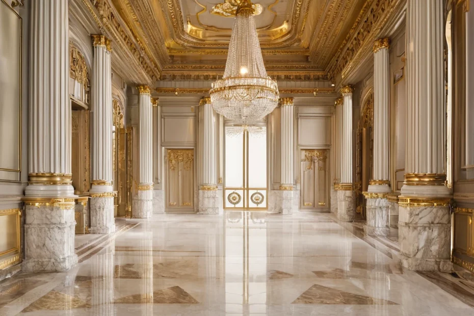Symmetrical palace reception hall with marble columns, gilded cornices, crystal chandeliers and a long axial perspective