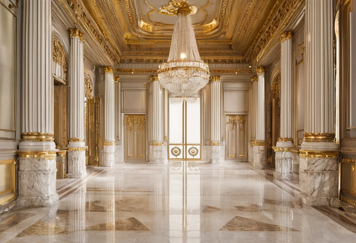 Symmetrical palace reception hall with marble columns, gilded cornices, crystal chandeliers and a long axial perspective