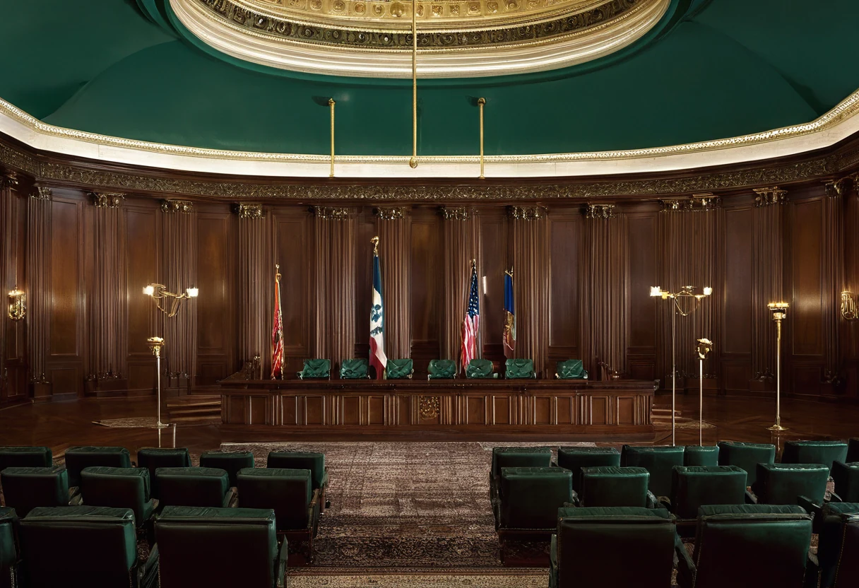 Ceremonial assembly chamber with classical columns, coffered ceiling, dark wood paneling and symmetrical leather seating