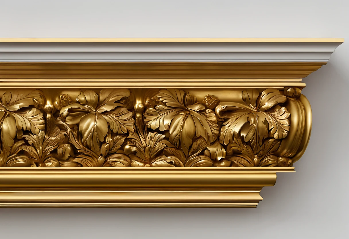 Close detail of a hand-carved gilded cornice and column capital with crisp acanthus ornament