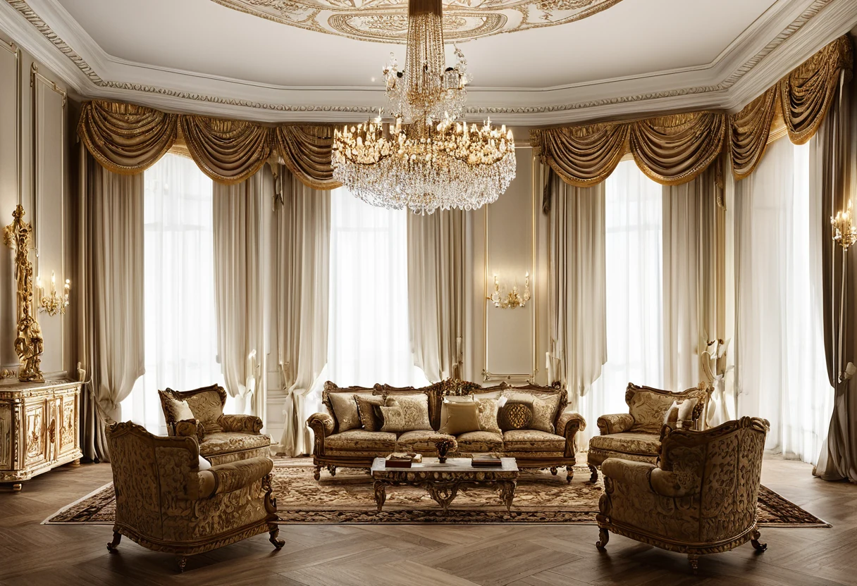 Private palace reception room with double-height ceiling, symmetrical gilded seating arrangement and a marble axial entry